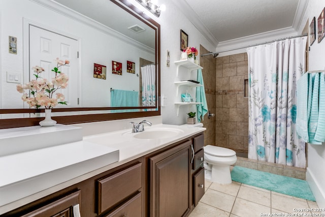 bathroom with walk in shower, crown molding, vanity, and toilet