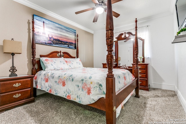 bedroom featuring crown molding, carpet, and ceiling fan