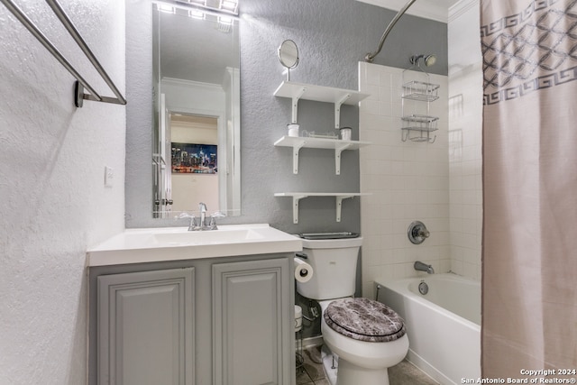 full bathroom with crown molding, tiled shower / bath, vanity, and toilet