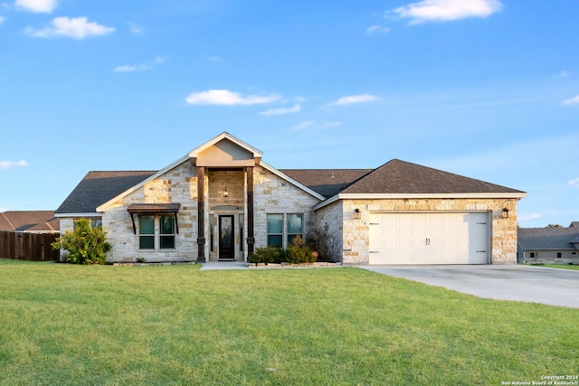 120CHAMPIONSB Champions Blvd, La Vernia, TX 78121 - mid-century home with driveway, stone siding, a front yard, a garage, and fence
