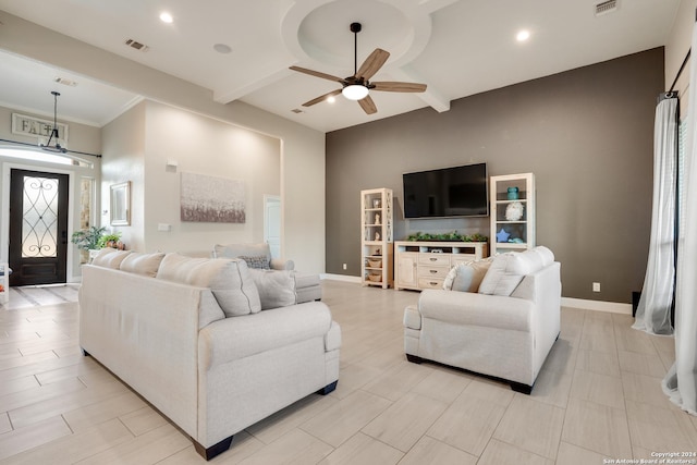 120CHAMPIONSB Champions Blvd, La Vernia, TX 78121 - living area featuring baseboards, recessed lighting, a ceiling fan, visible vents, and beamed ceiling