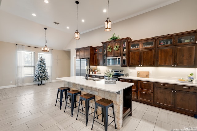 kitchen with stainless steel appliances, sink, vaulted ceiling, a center island with sink, and dark brown cabinets