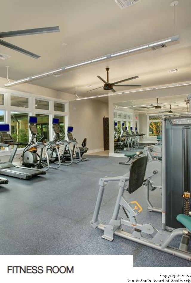 exercise room featuring ceiling fan