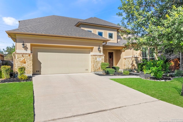 view of front of home with an attached garage, a front lawn, stone siding, stucco siding, and concrete driveway