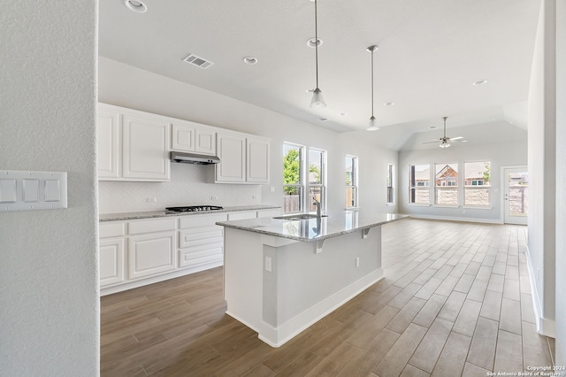 kitchen featuring white cabinets, an island with sink, light hardwood / wood-style flooring, and a healthy amount of sunlight