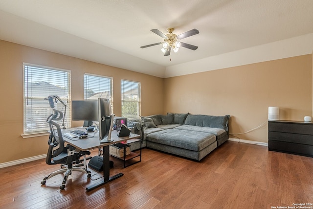 office area featuring hardwood / wood-style flooring and ceiling fan