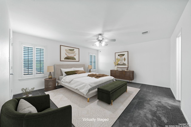 bedroom featuring carpet and ceiling fan