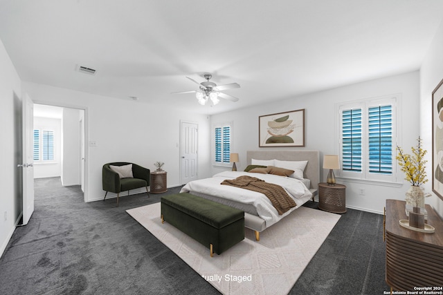 carpeted bedroom featuring multiple windows, ceiling fan, and a closet