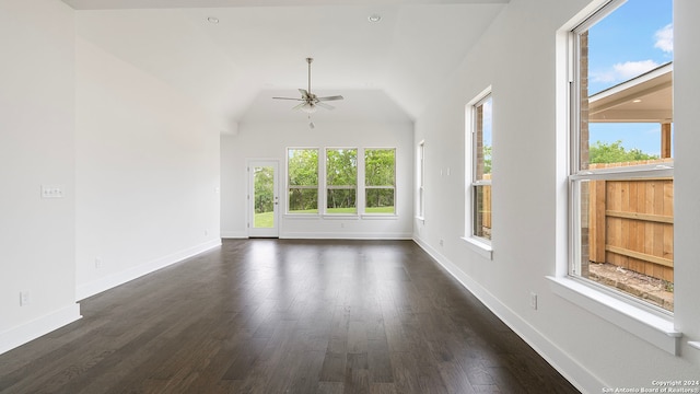 interior space with lofted ceiling, ceiling fan, and dark hardwood / wood-style floors