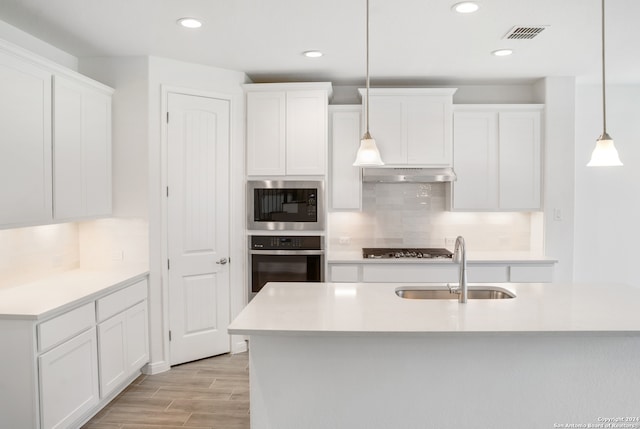 kitchen featuring pendant lighting, range hood, sink, stainless steel appliances, and white cabinets