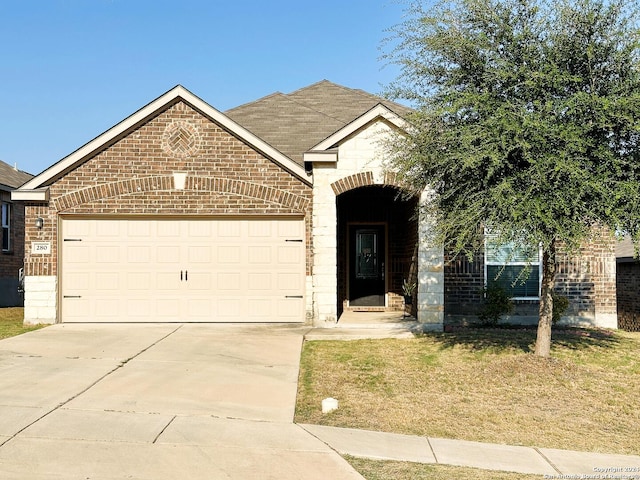 280 Crysanthemum, New Braunfels, TX 78130 - view of front of property featuring a garage, concrete driveway, a front lawn, and brick siding