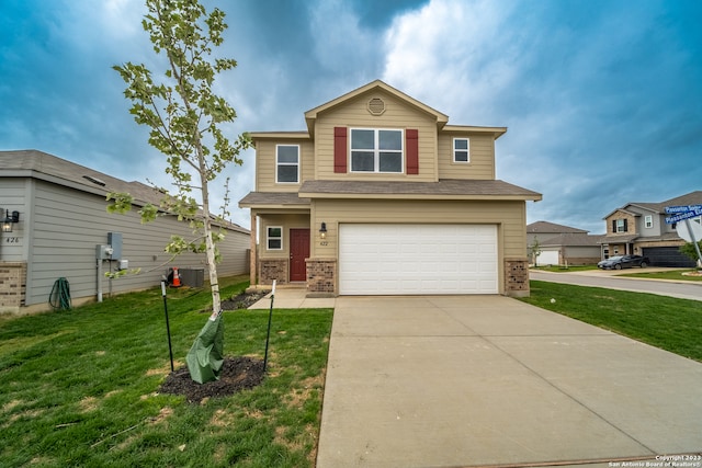 view of front of property featuring a garage, a front lawn, and central AC unit