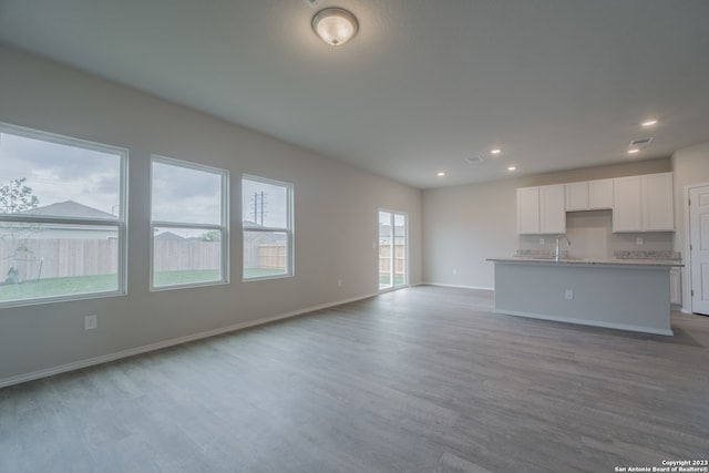 unfurnished living room with light hardwood / wood-style flooring and sink