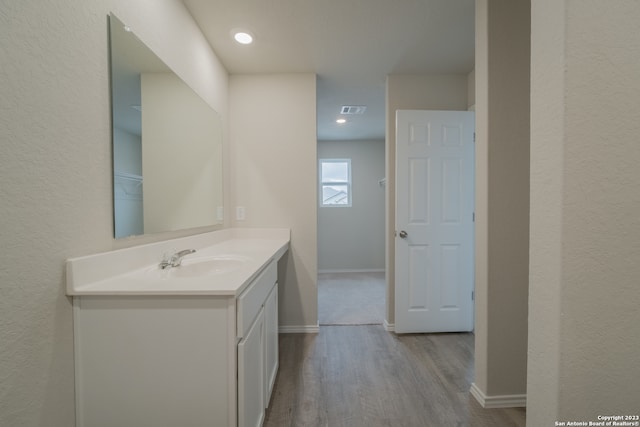 bathroom with wood-type flooring and vanity