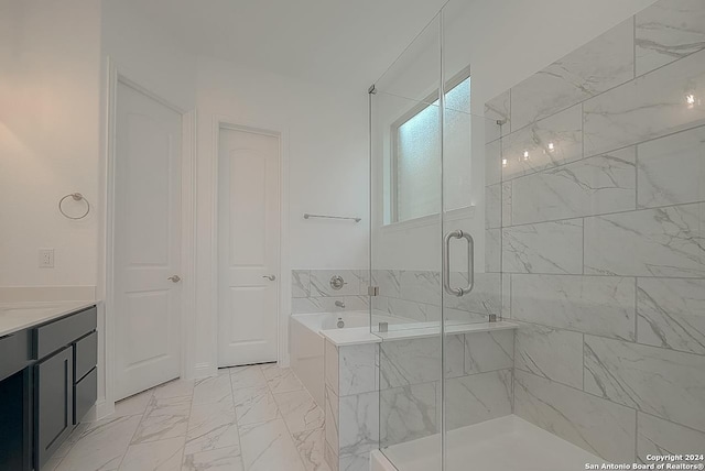 bathroom with vanity and plus walk in shower