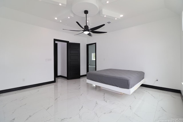 bedroom featuring recessed lighting, marble finish floor, baseboards, and a ceiling fan