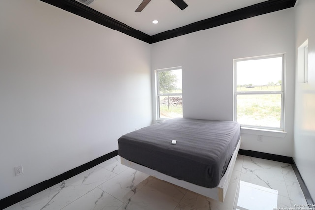 bedroom featuring baseboards, marble finish floor, recessed lighting, and ornamental molding