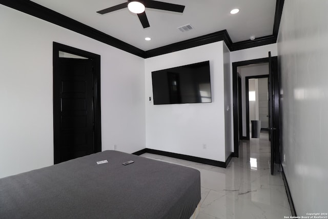 bedroom with baseboards, visible vents, recessed lighting, marble finish floor, and crown molding