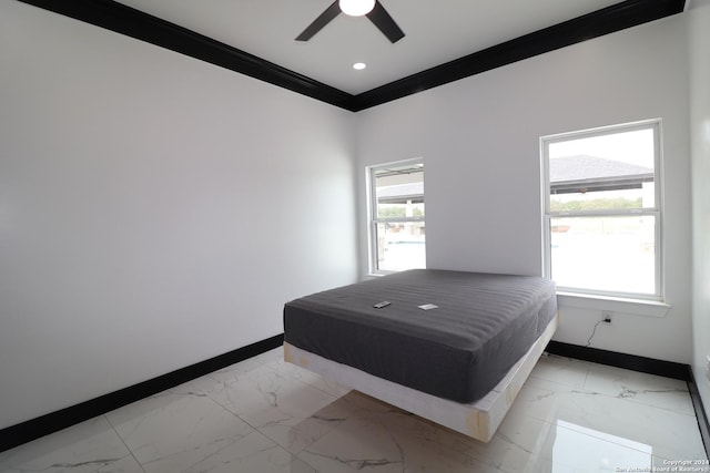 bedroom with ceiling fan, marble finish floor, baseboards, and ornamental molding