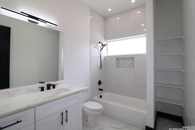 full bathroom with recessed lighting, marble finish floor, toilet, vanity, and shower / bathing tub combination