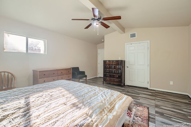 bedroom with ceiling fan, vaulted ceiling with beams, and dark hardwood / wood-style floors