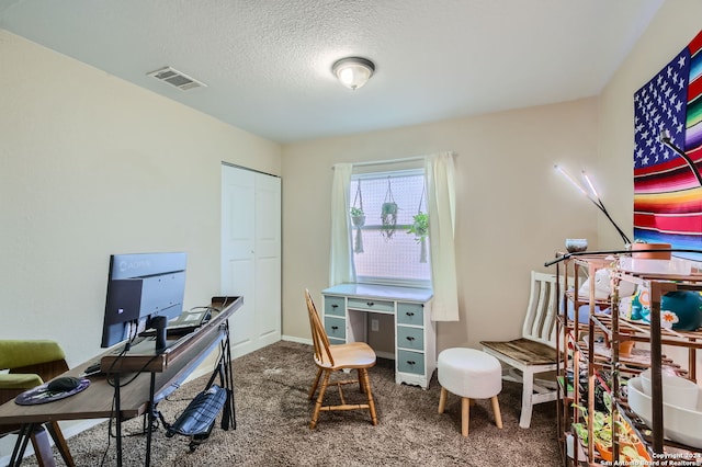 carpeted office space with a textured ceiling