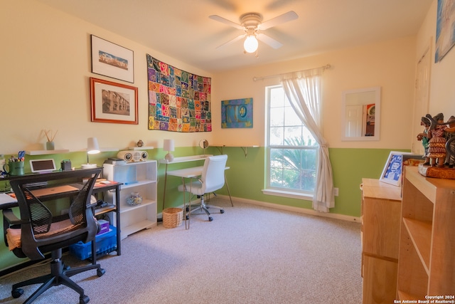 office with ceiling fan and light colored carpet