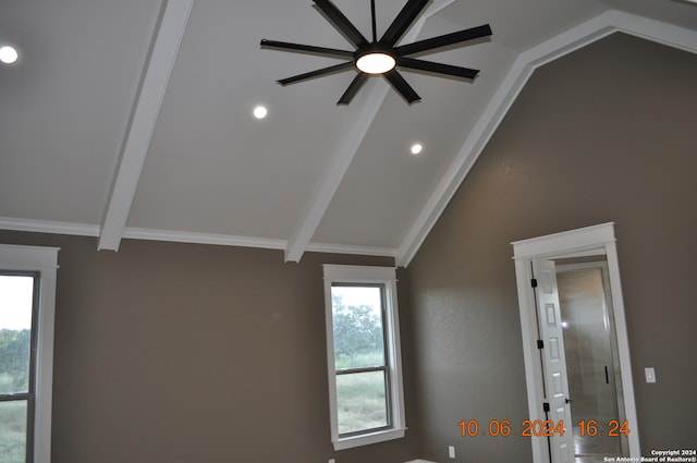 room details featuring ornamental molding, beam ceiling, and ceiling fan