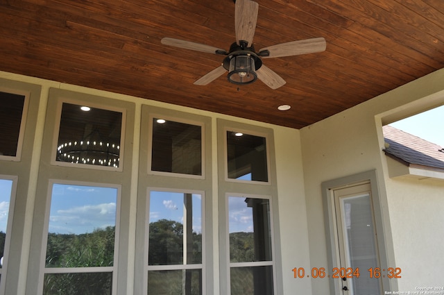 details with ceiling fan, wood ceiling, and french doors