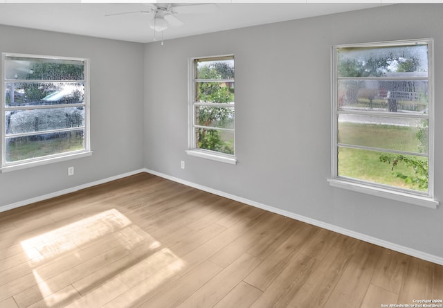 empty room with ceiling fan and light wood-type flooring