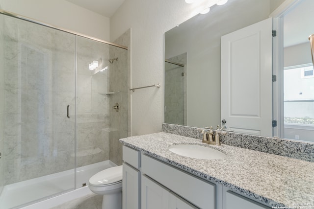 bathroom with vanity, toilet, and a shower with door