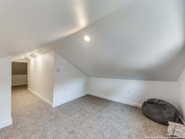 additional living space featuring lofted ceiling, a textured ceiling, and light carpet