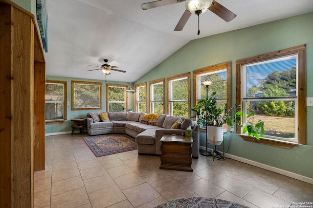 sunroom with vaulted ceiling and ceiling fan