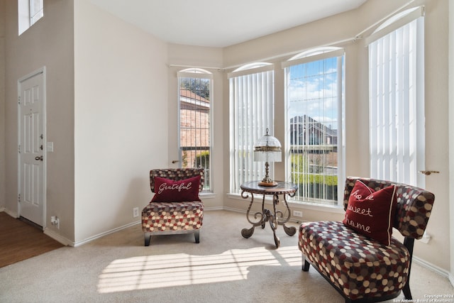 sitting room featuring light colored carpet