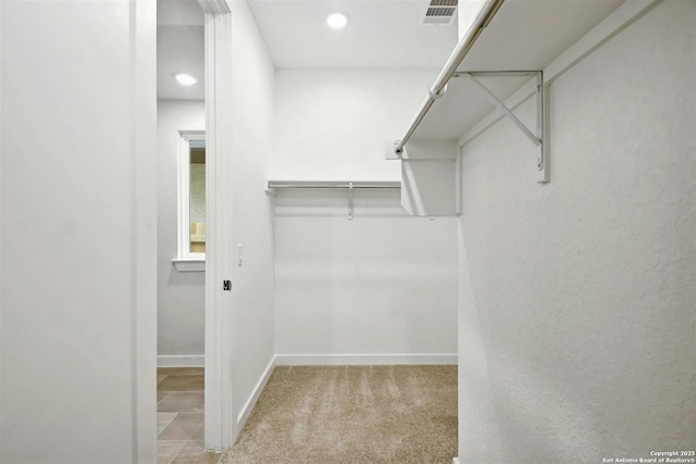 spacious closet featuring light colored carpet