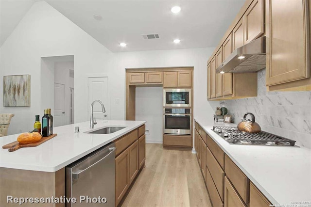 kitchen with an island with sink, sink, decorative backsplash, stainless steel appliances, and light hardwood / wood-style flooring