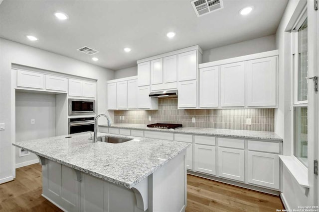 kitchen with sink, white cabinetry, light stone counters, an island with sink, and stainless steel appliances