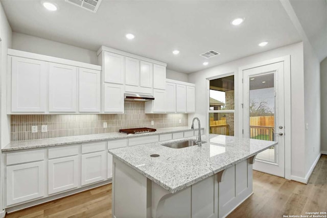 kitchen featuring light stone countertops, sink, a center island with sink, and white cabinets