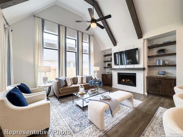 living room with dark wood-type flooring, beamed ceiling, high vaulted ceiling, and ceiling fan