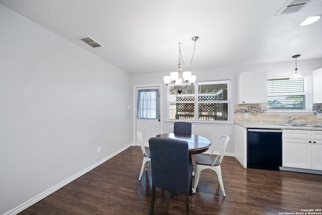 dining space featuring sink, dark hardwood / wood-style flooring, and a healthy amount of sunlight