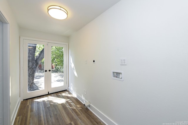 entryway with baseboards, french doors, and dark wood-type flooring