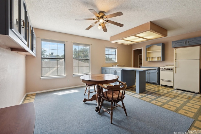 carpeted dining room featuring ceiling fan, sink, and a textured ceiling