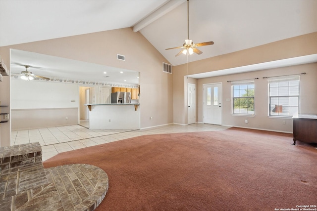 carpeted living room featuring ceiling fan, beam ceiling, and high vaulted ceiling