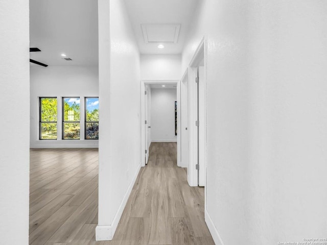 hallway with light hardwood / wood-style floors