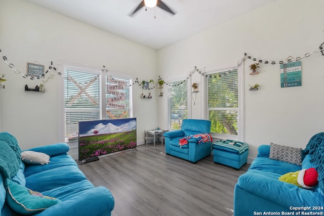 living room featuring ceiling fan and hardwood / wood-style floors