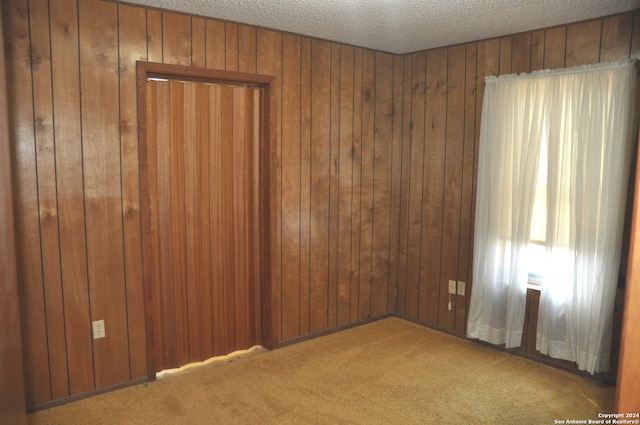 carpeted spare room with wooden walls and a textured ceiling