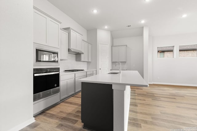 kitchen featuring a center island with sink, sink, light wood-type flooring, appliances with stainless steel finishes, and tasteful backsplash