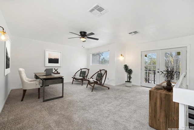 living area featuring ceiling fan, light colored carpet, a wealth of natural light, and french doors