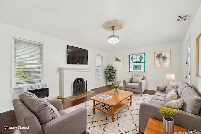 living room featuring heating unit and light hardwood / wood-style flooring