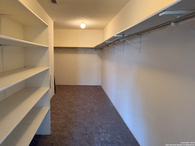 walk in closet featuring dark colored carpet